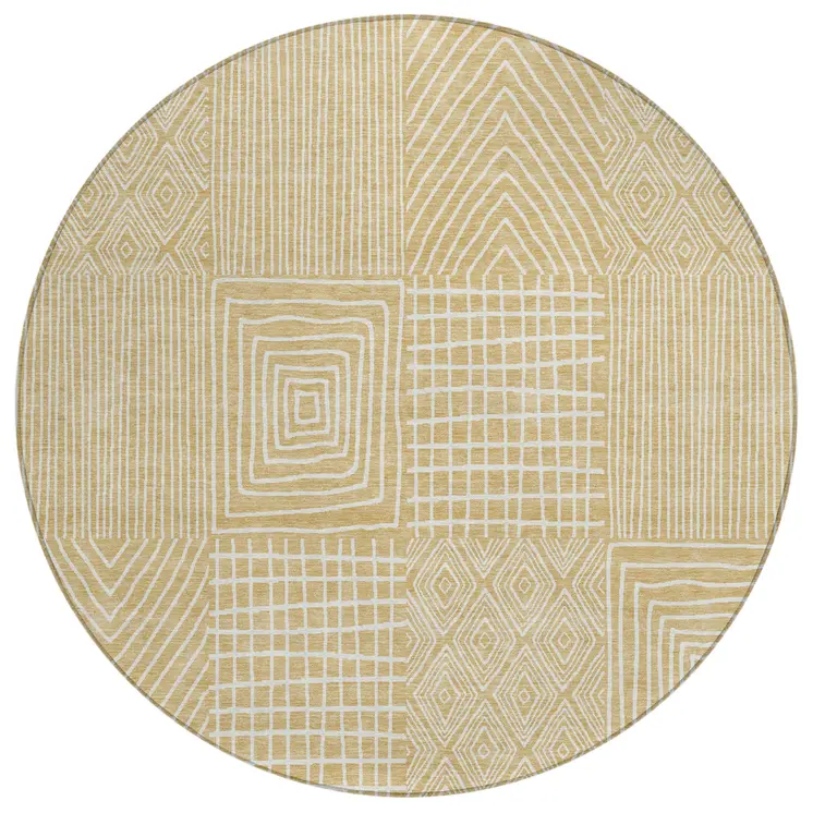 8' Gold And Ivory Round Geometric Washable Indoor Outdoor Area Rug