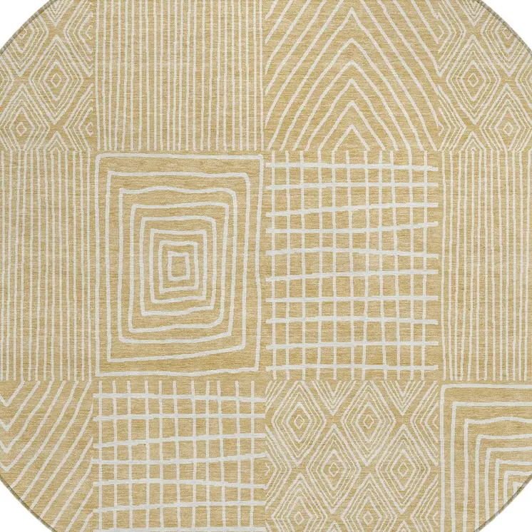 8' Gold And Ivory Round Geometric Washable Indoor Outdoor Area Rug