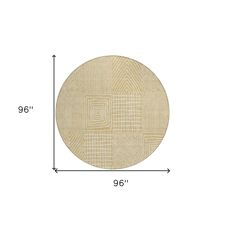 8' Gold And Ivory Round Geometric Washable Indoor Outdoor Area Rug