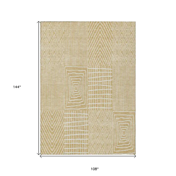 9' X 12' Gold And Ivory Geometric Washable Indoor Outdoor Area Rug