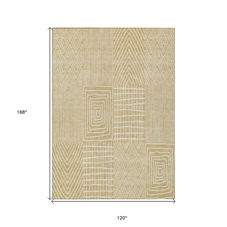 10' X 14' Gold And Ivory Geometric Washable Indoor Outdoor Area Rug