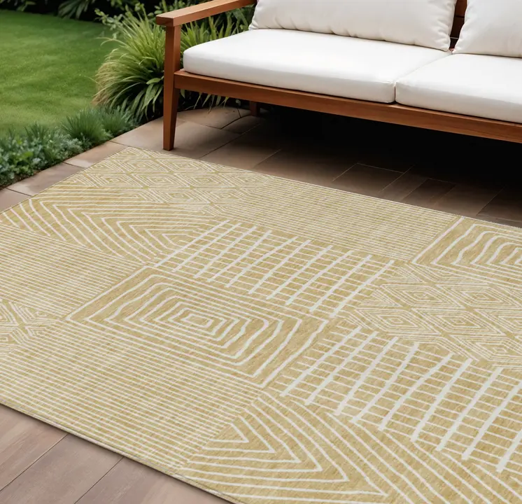 10' X 14' Gold And Ivory Geometric Washable Indoor Outdoor Area Rug