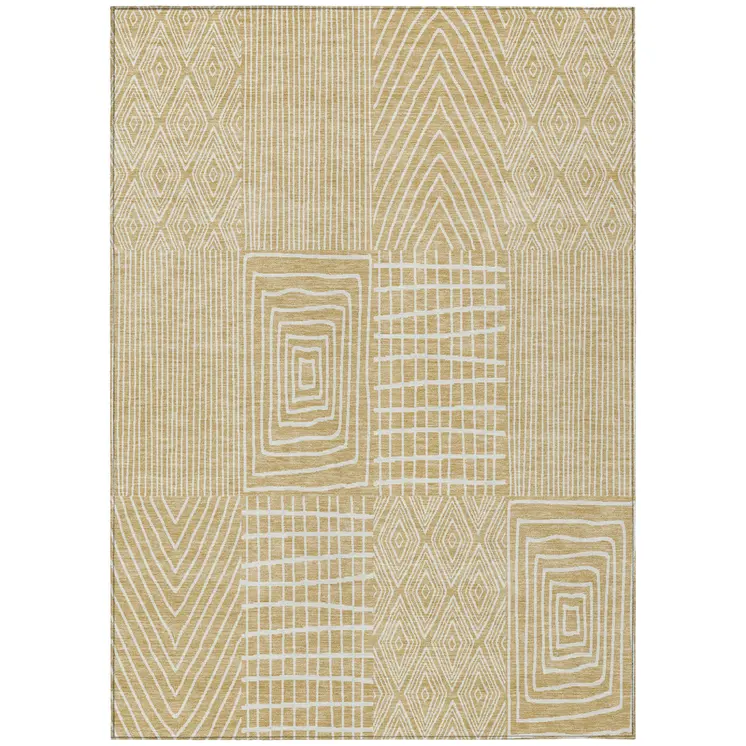 10' X 14' Gold And Ivory Geometric Washable Indoor Outdoor Area Rug