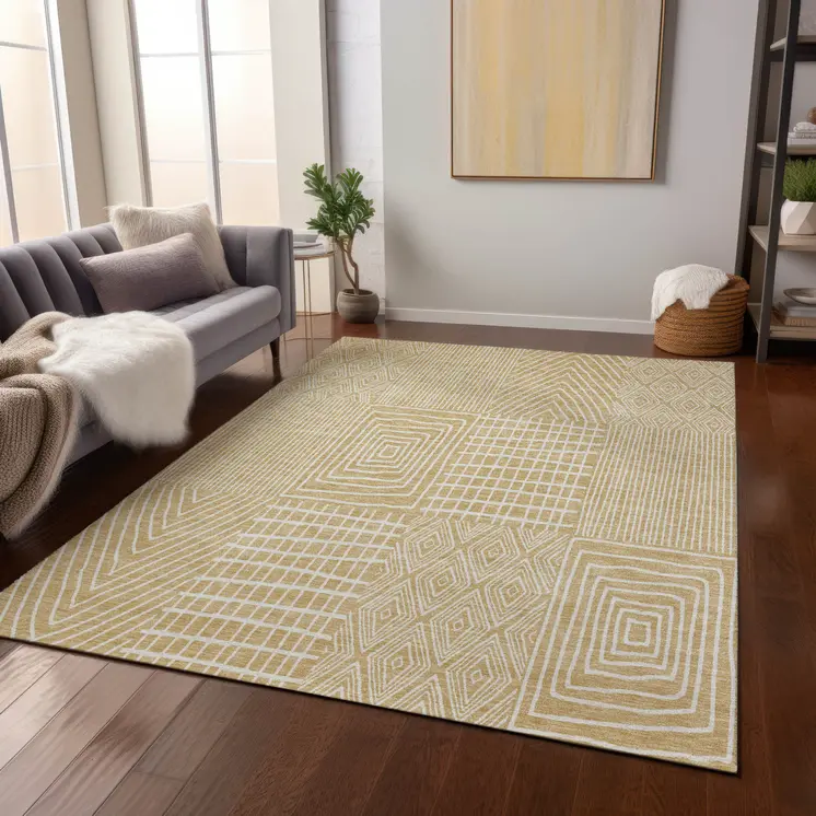 10' X 14' Gold And Ivory Geometric Washable Indoor Outdoor Area Rug