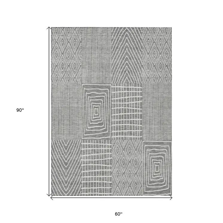 5' X 8' Gray And Ivory Geometric Washable Indoor Outdoor Area Rug