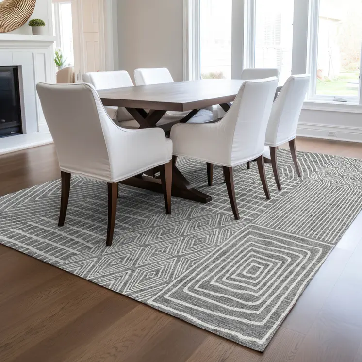 5' X 8' Gray And Ivory Geometric Washable Indoor Outdoor Area Rug