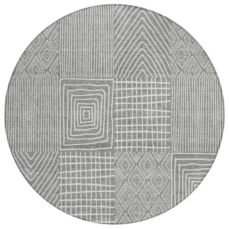 8' Gray And Ivory Round Geometric Washable Indoor Outdoor Area Rug