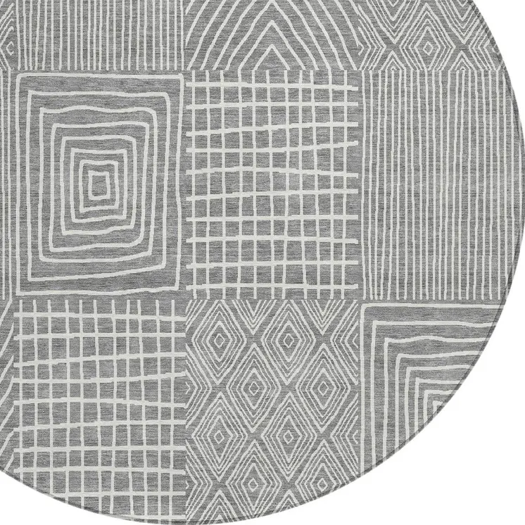 8' Gray And Ivory Round Geometric Washable Indoor Outdoor Area Rug