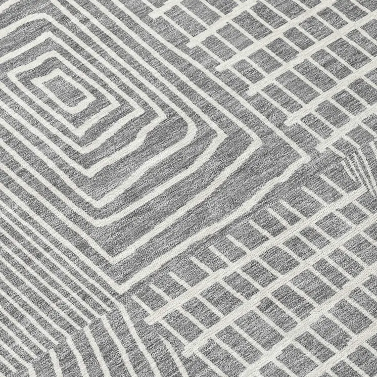8' Gray And Ivory Round Geometric Washable Indoor Outdoor Area Rug