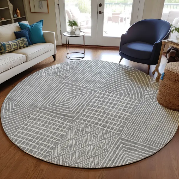 8' Gray And Ivory Round Geometric Washable Indoor Outdoor Area Rug