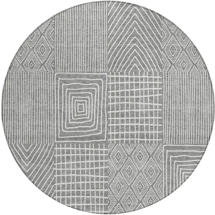 8' Gray And Ivory Round Geometric Washable Indoor Outdoor Area Rug
