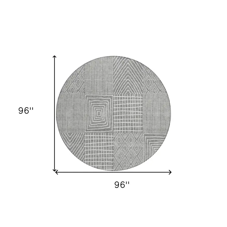 8' Gray And Ivory Round Geometric Washable Indoor Outdoor Area Rug