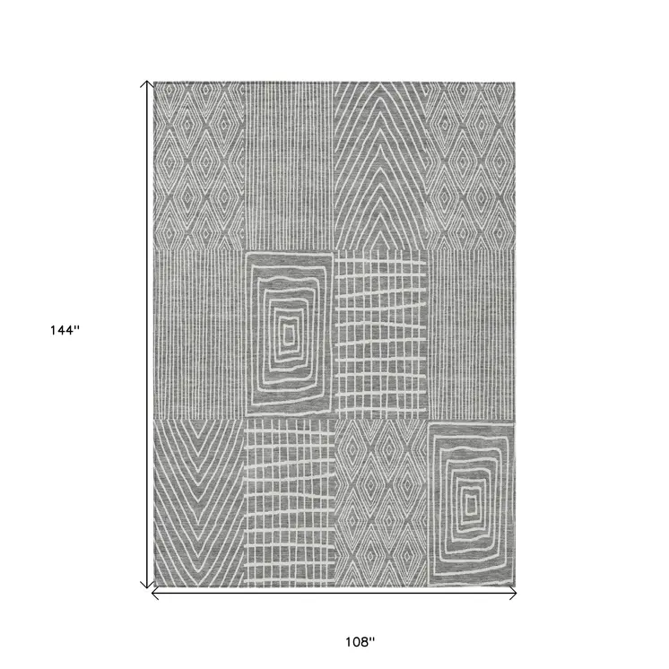 9' X 12' Gray And Ivory Geometric Washable Indoor Outdoor Area Rug