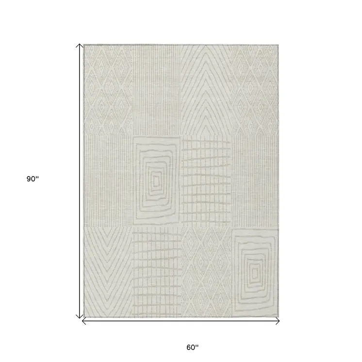 5' X 8' Ivory And Beige Geometric Washable Indoor Outdoor Area Rug