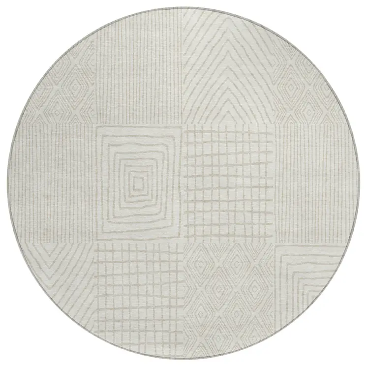 8' Ivory And Beige Round Geometric Washable Indoor Outdoor Area Rug