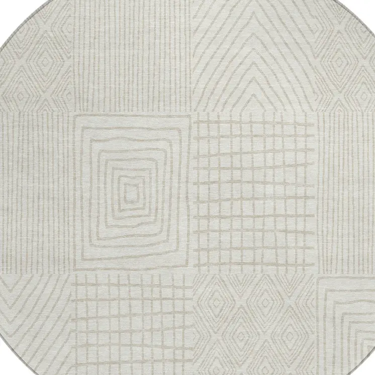 8' Ivory And Beige Round Geometric Washable Indoor Outdoor Area Rug