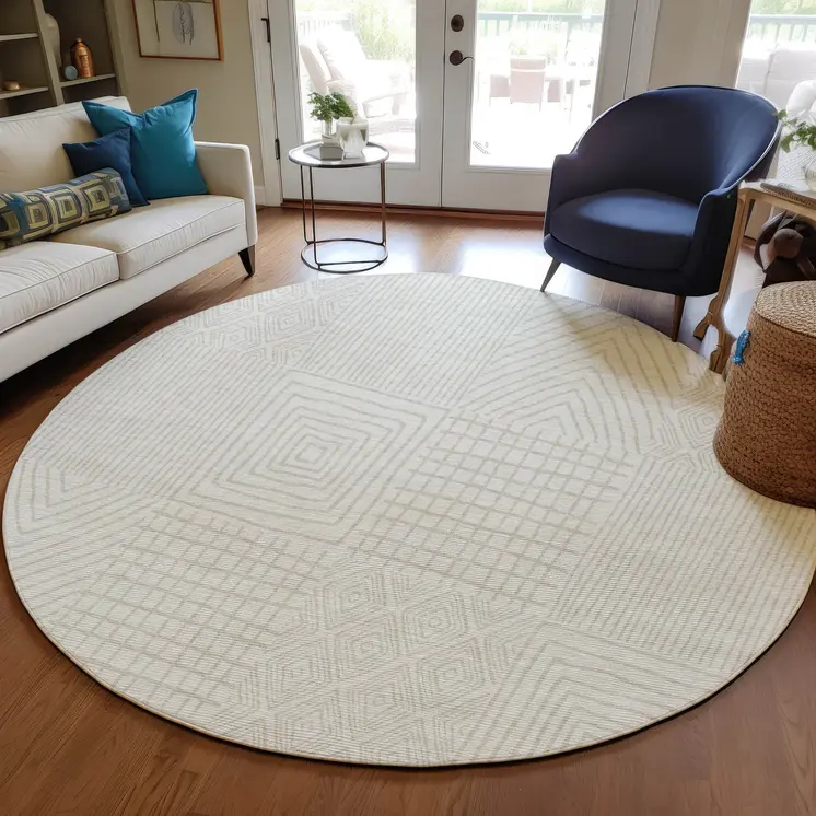 8' Ivory And Beige Round Geometric Washable Indoor Outdoor Area Rug