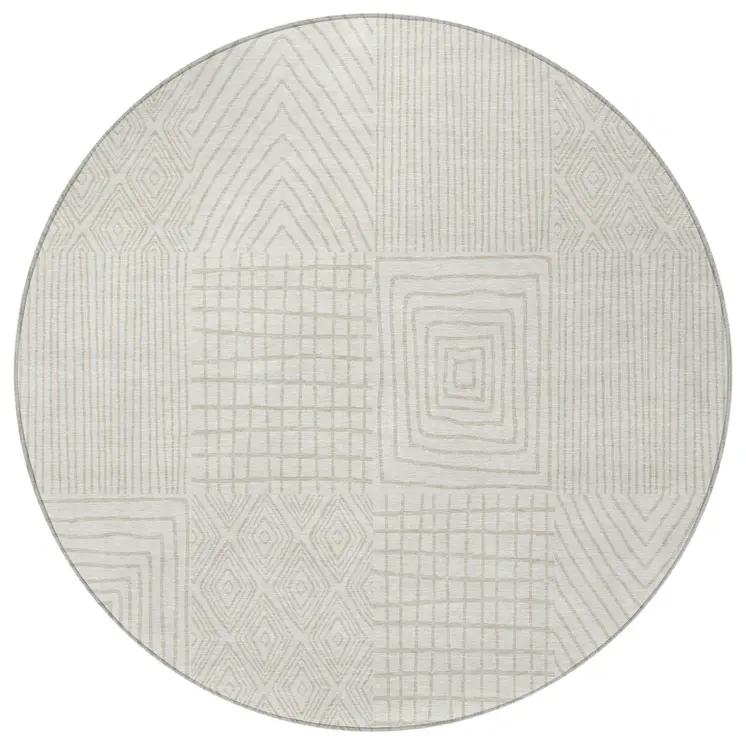 8' Ivory And Beige Round Geometric Washable Indoor Outdoor Area Rug