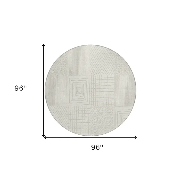 8' Ivory And Beige Round Geometric Washable Indoor Outdoor Area Rug