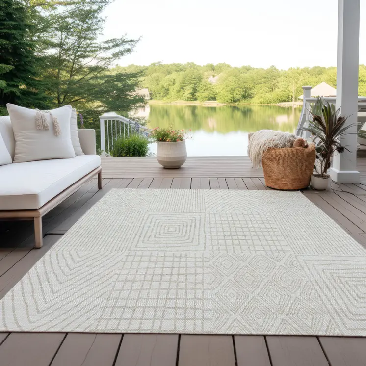 8' X 10' Ivory And Beige Geometric Washable Indoor Outdoor Area Rug