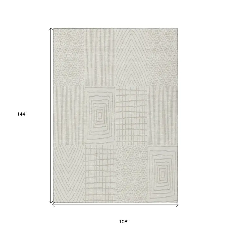 9' X 12' Ivory And Beige Geometric Washable Indoor Outdoor Area Rug
