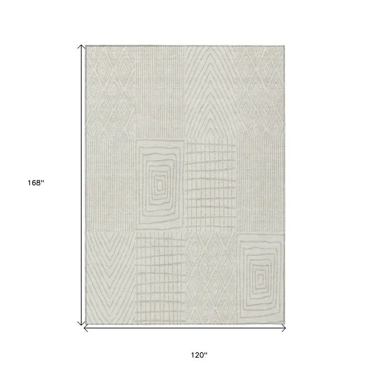 10' X 14' Ivory And Beige Geometric Washable Indoor Outdoor Area Rug
