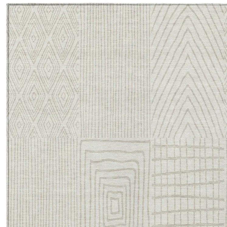 10' X 14' Ivory And Beige Geometric Washable Indoor Outdoor Area Rug