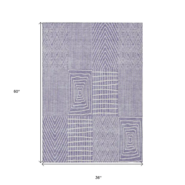 3' X 5' Lavender And Ivory Geometric Washable Indoor Outdoor Area Rug