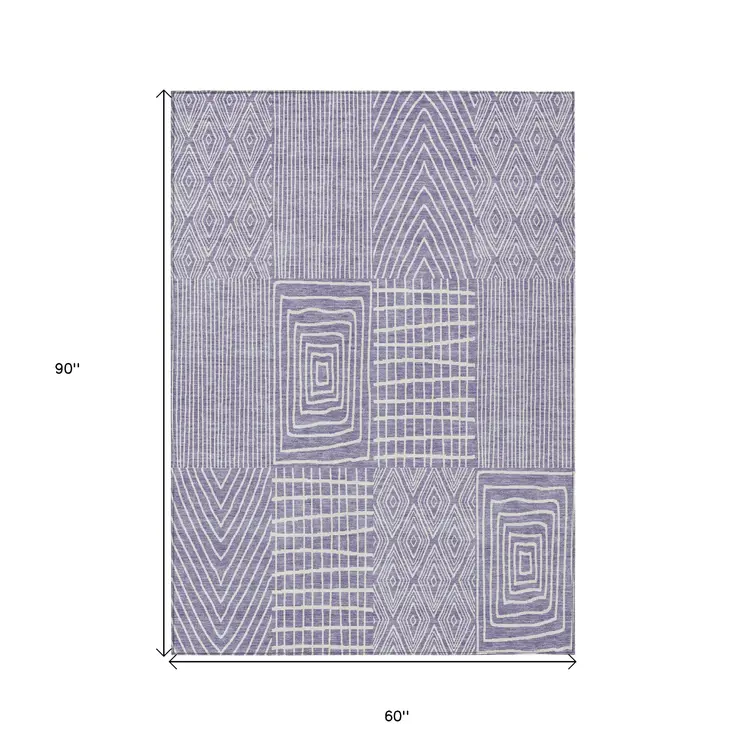 5' X 8' Lavender And Ivory Geometric Washable Indoor Outdoor Area Rug