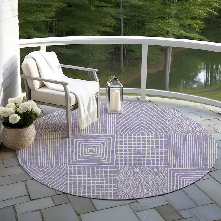 8' Lavender And Ivory Round Geometric Washable Indoor Outdoor Area Rug