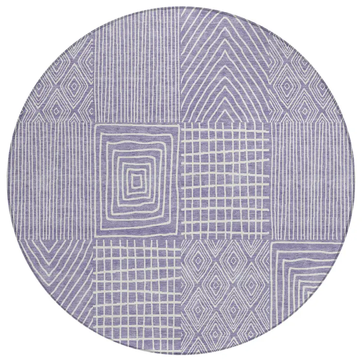 8' Lavender And Ivory Round Geometric Washable Indoor Outdoor Area Rug