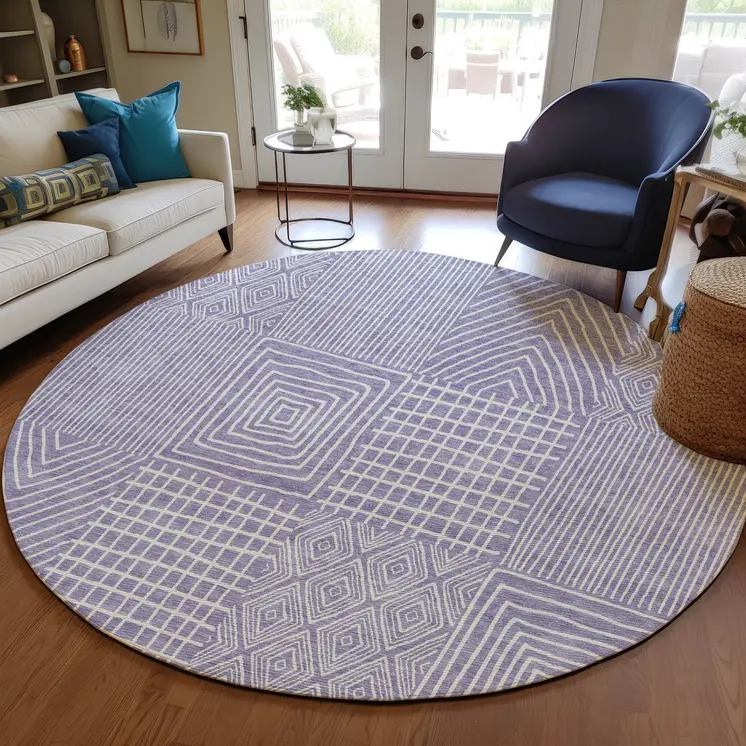 8' Lavender And Ivory Round Geometric Washable Indoor Outdoor Area Rug