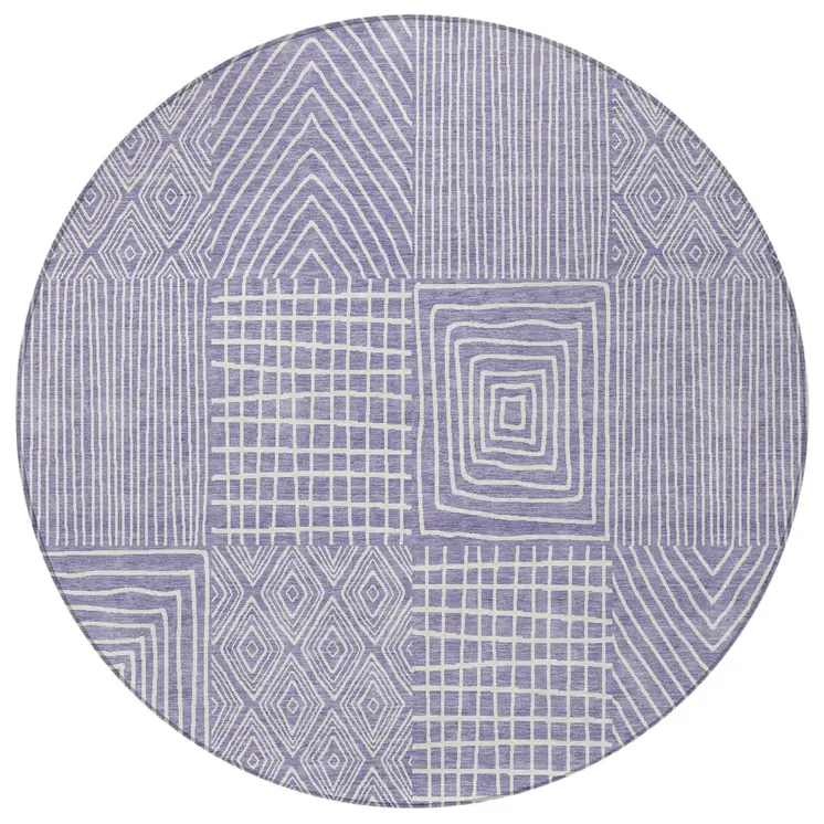 8' Lavender And Ivory Round Geometric Washable Indoor Outdoor Area Rug
