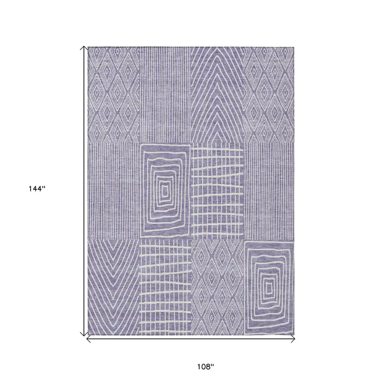 9' X 12' Lavender And Ivory Geometric Washable Indoor Outdoor Area Rug