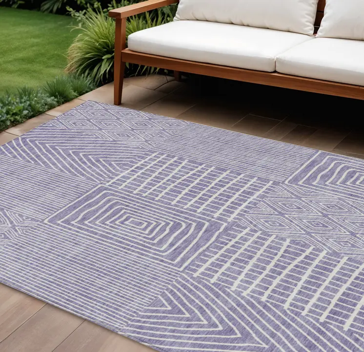9' X 12' Lavender And Ivory Geometric Washable Indoor Outdoor Area Rug