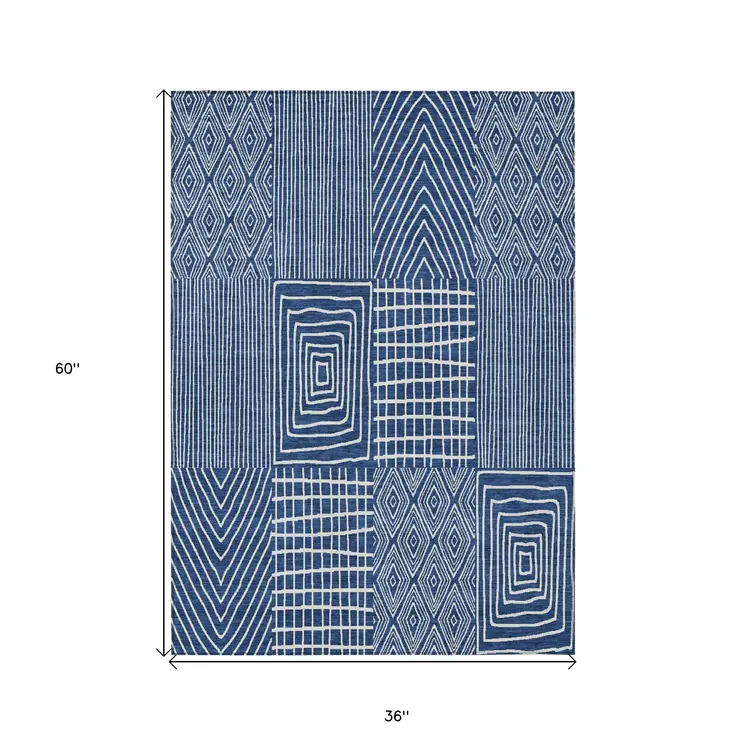 3' X 5' Navy Blue And Ivory Geometric Washable Indoor Outdoor Area Rug