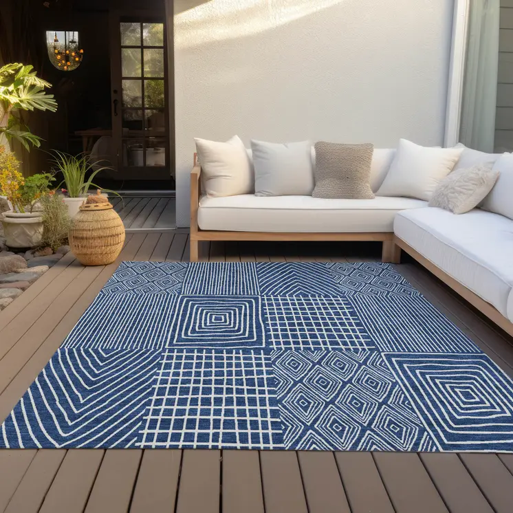 3' X 5' Navy Blue And Ivory Geometric Washable Indoor Outdoor Area Rug