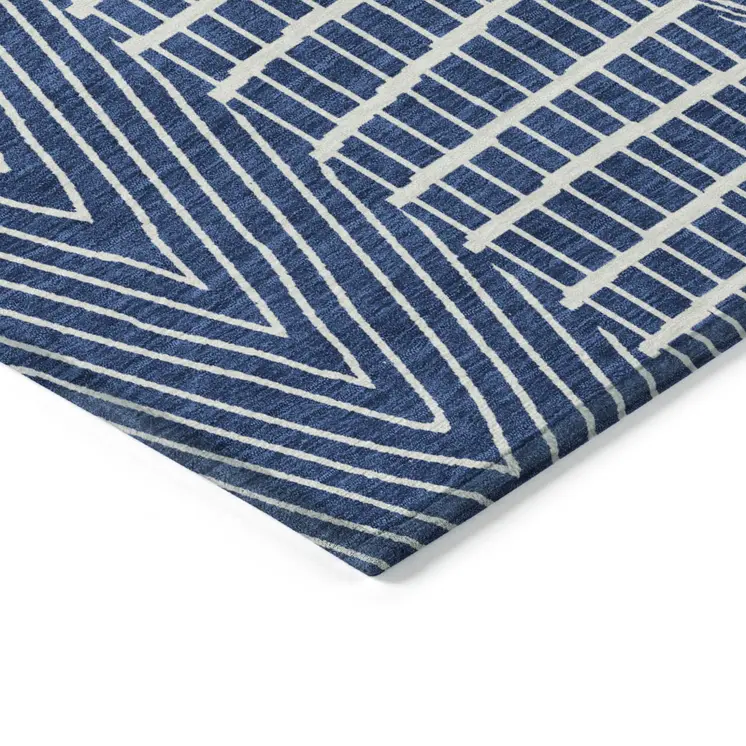 3' X 5' Navy Blue And Ivory Geometric Washable Indoor Outdoor Area Rug