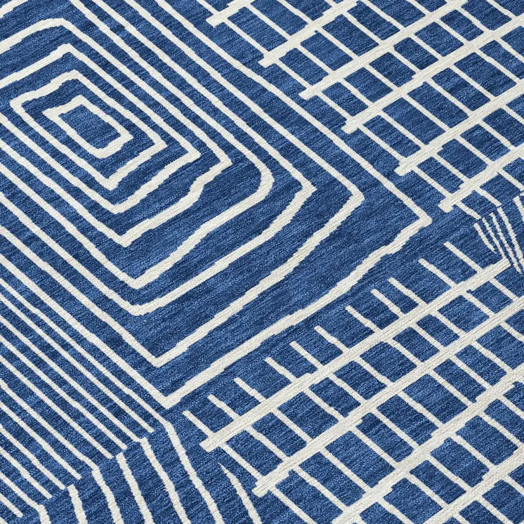 3' X 5' Navy Blue And Ivory Geometric Washable Indoor Outdoor Area Rug
