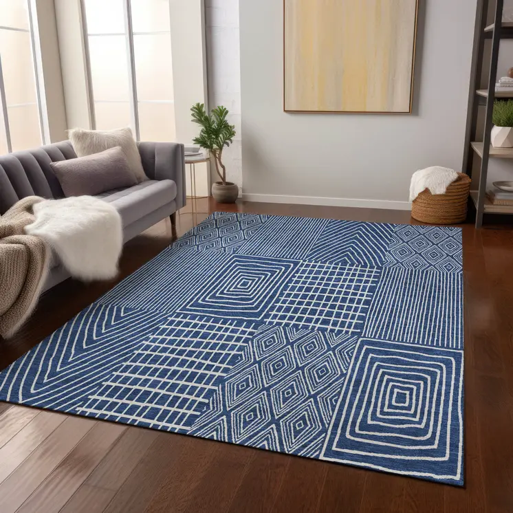 3' X 5' Navy Blue And Ivory Geometric Washable Indoor Outdoor Area Rug