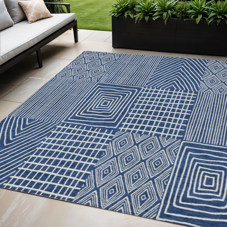 5' X 8' Navy Blue And Ivory Geometric Washable Indoor Outdoor Area Rug