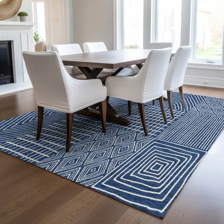 5' X 8' Navy Blue And Ivory Geometric Washable Indoor Outdoor Area Rug