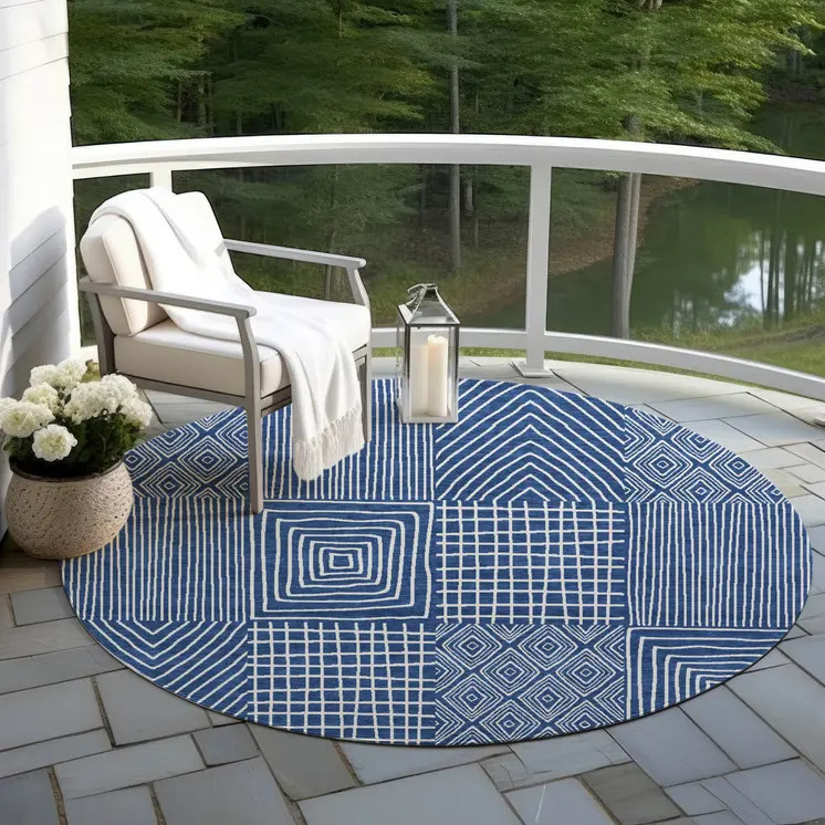8' Navy Blue And Ivory Round Geometric Washable Indoor Outdoor Area Rug