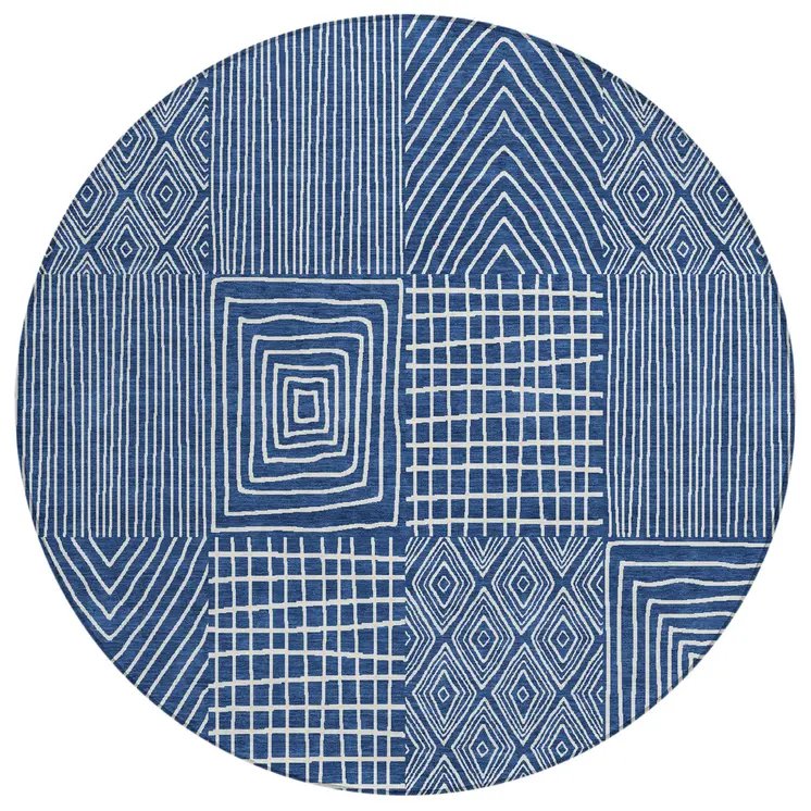 8' Navy Blue And Ivory Round Geometric Washable Indoor Outdoor Area Rug