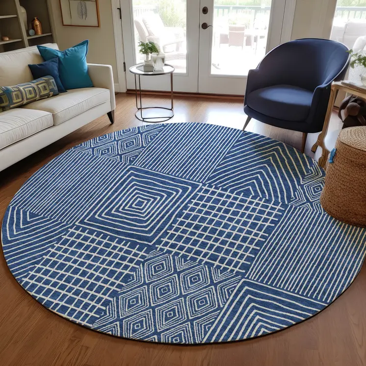 8' Navy Blue And Ivory Round Geometric Washable Indoor Outdoor Area Rug