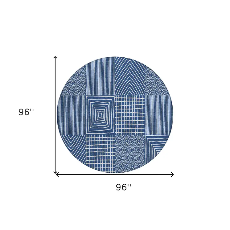 8' Navy Blue And Ivory Round Geometric Washable Indoor Outdoor Area Rug
