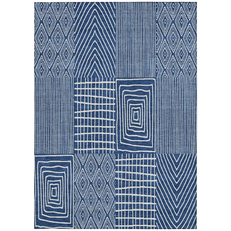 9' X 12' Navy Blue And Ivory Geometric Washable Indoor Outdoor Area Rug