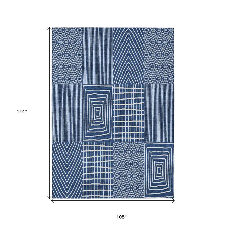 9' X 12' Navy Blue And Ivory Geometric Washable Indoor Outdoor Area Rug