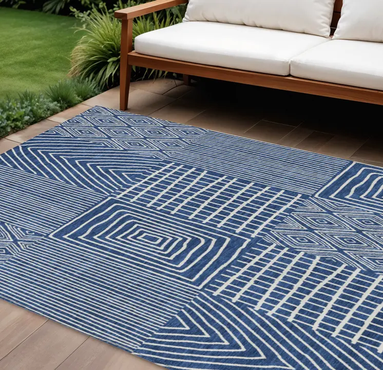 9' X 12' Navy Blue And Ivory Geometric Washable Indoor Outdoor Area Rug