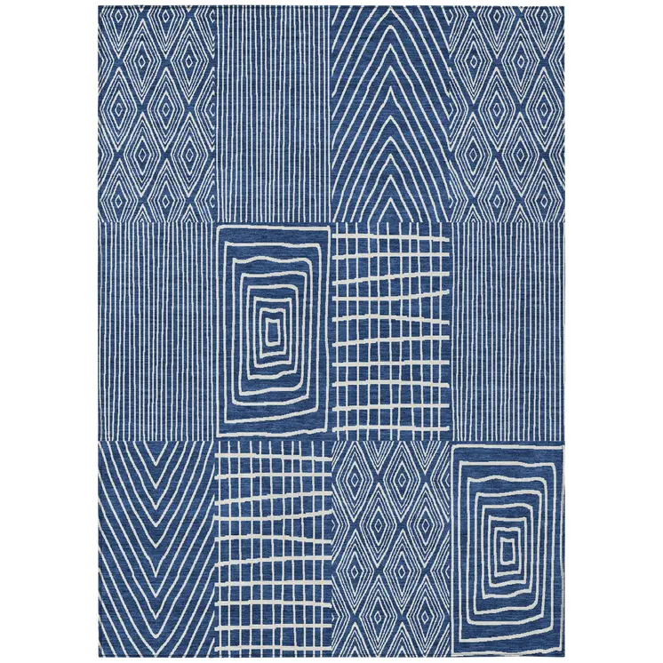 9' X 12' Navy Blue And Ivory Geometric Washable Indoor Outdoor Area Rug
